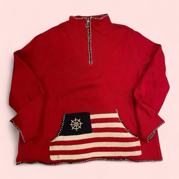 4th of July 90’s-y2k Red 1/4 zip chunky nautical kangaroo pocket sweater ‘Merica - Picture 1 of 8